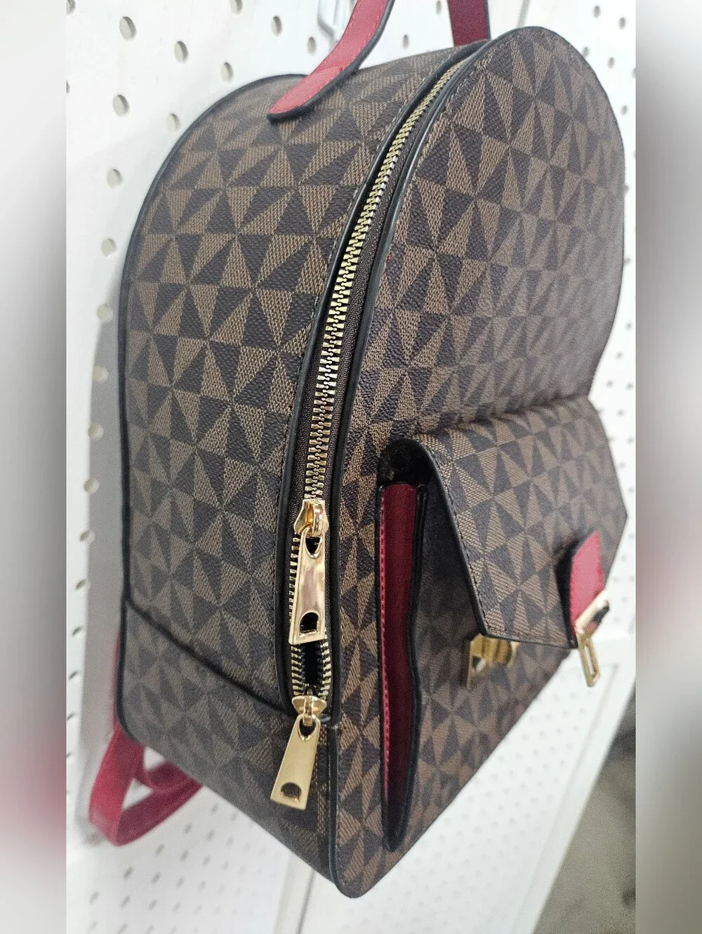 Source Unknown Brown Geometric Backpack with Red Accent